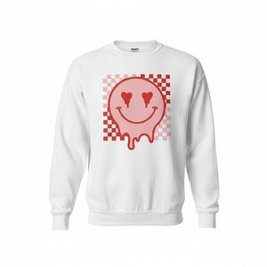 Smiley Face Womens Sweatshirt Valentine Checkered Small White Pink Red Crew Neck